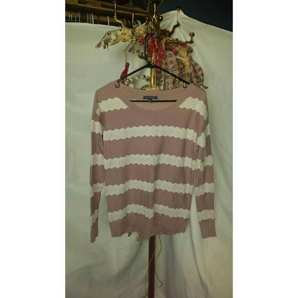 Tan Long sleeve shirt with lace stripes.